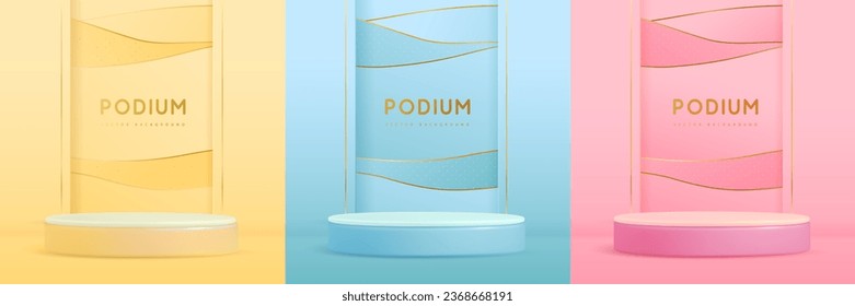 Set of yellow, pink and blue showcase backgrounds with 3d podium and wave texture. Vector illustration