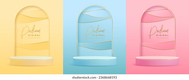 Set of yellow, pink and blue showcase backgrounds with 3d podium and golden arch. Vector illustration