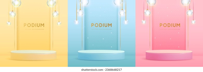 Set of yellow, pink and blue showcase backgrounds with 3d podium and electric lamps. Vector illustration
