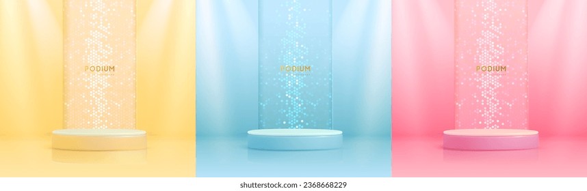 Conjunto de fondos de escaparate amarillos, rosas y azules con textura de palangrador 3d y disco. Ilustración del vector