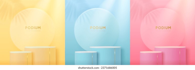Set of  yellow, pink and blue showcase backgrounds with 3d podium and palm leaf shadow. Vector illustration
