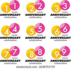 set of yellow and pink circle number 11 22 33 44 55 66 77 88 and 99 with words YEARS ANNIVERSARY celebration in the bottom on white background.