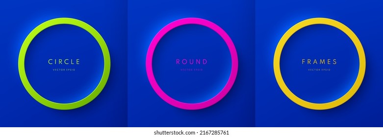 Set of yellow, pink, green 3D round frame on blue background. Abstract circle podium for product display or copy space. Collection of geometric background. Top view scene design. Vector illustration.