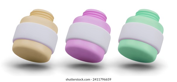 Conjunto de botellas abiertas amarillas, rosas y verdes para productos cosméticos líquidos. Cosméticos de belleza para mujeres. Ilustración vectorial en estilo 3d con sombra y fondo blanco
