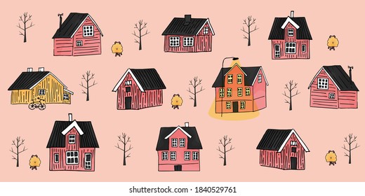 Set of Yellow, pink scandinavian wooden houses with light on the street and trees without leaves and sheep  seamless repeat pattern