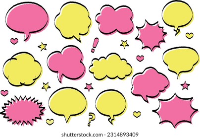 Set of yellow and pink speech bubbles in various shapes, vector illustration.