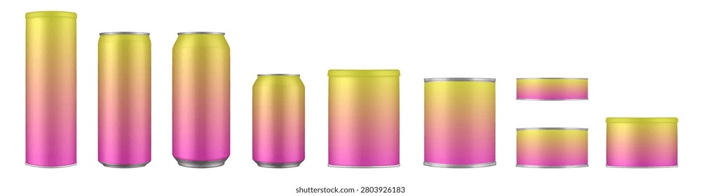 Set of yellow and pink tin cans and jars. Coffee or tea canister. Tin can for preserves or pet food. Beer, cocktail or soda can. Chips tube. Cookie jar. Round box for sugar or flour. Gradient colors