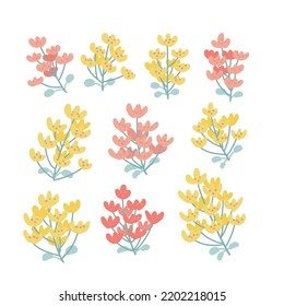 Eine Reihe von kleinen, gelben und rosafarbenen Blumen auf Ästen mit Blättern auf weißem Hintergrund. Vektorgrafik in handgezeichneter Form für Frühjahr- und Sommerdesign.