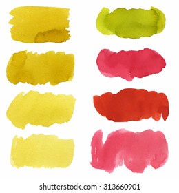 Set of yellow and pink watercolor blots on white isolated background.