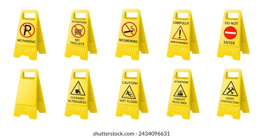 A set of yellow plates or boards with the different inscriptions .Double-sided folding yellow display stand with editable design isolated on white background. Public warning, caution, attention.