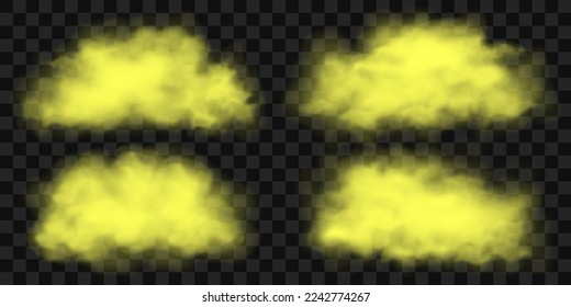 Set of  yellow poisonous cloud of gas, fog or smoke. Realistic vector illustration, isolated on transparent background. 