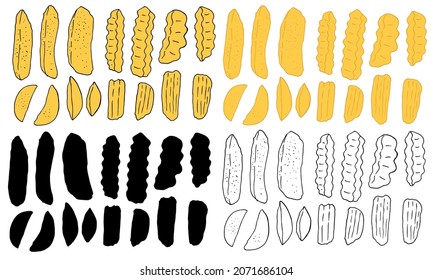 a set of yellow potato slices. Vector set of isolated elements from various types of chips, French fries, rustic, slices, hand-drawn in sketch style with a black line and yellow color on a white 
