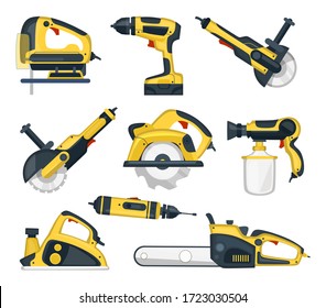 Set of yellow power tools for professional craftsman vector illustration. Instruments for handyman flat style. Renovation or construction site concept. Isolated on white background