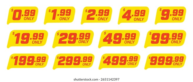 Conjunto de etiquetas de preço amarelas com preços vermelhos e texto 'SOMENTE'. Autocolantes de venda promocional para varejo e comércio eletrônico. Esta imagem apresenta um design de silhueta impressionante, perfeito para criar um bold