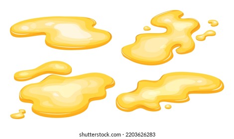 Set Of Yellow Puddle Oil, Liquid Gold, Honey Spill. Juice Drop Isolated In Cartoon. Vector Illustration