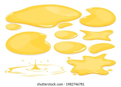 Set Of Yellow Puddles Vector Isolated. Oil, Honey, Urine Or Gasoline Liquid. Gold Colored Natural Shape Of Stain. Wet Spot.