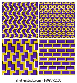 Conjunto de ilusiones ópticas color púrpura amarilla, sin fisuras, de cuádruples ondulantes, símbolos infinitos, formas zigzag y ladrillos.