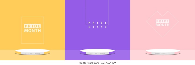 Set of Yellow, Purple, Pink scene background with 3d stage podium minimal style. Pedestal with for Pride Month product display on pastel color backdrop. Vector illustration.