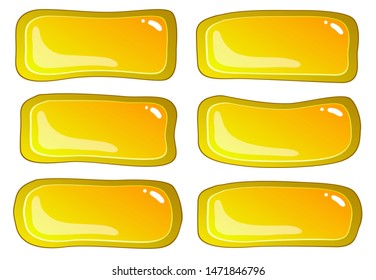 Set of yellow push buttons of different shapes. Eps10, editable. Long menu buttons for apps or web, games. Vibrant bright color, glossy icon background. 
