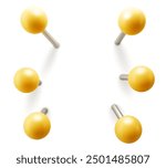 Set of yellow push pins. Thumbtacks ready for your design. Different angle view. Vector illustration isolated on white background