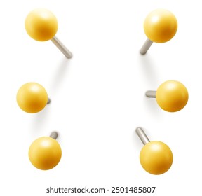 Set of yellow push pins. Thumbtacks ready for your design. Different angle view. Vector illustration isolated on white background