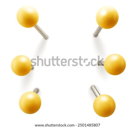 Set of yellow push pins. Thumbtacks ready for your design. Different angle view. Vector illustration isolated on white background