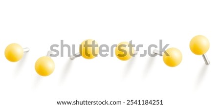 Set of yellow push pins. Thumbtacks ready for your design. Different angle view. Vector illustration isolated on white background