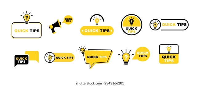 Set of yellow quick tips badge. Quick tips with light bulb. Fast help or info. Vector 10 Eps.