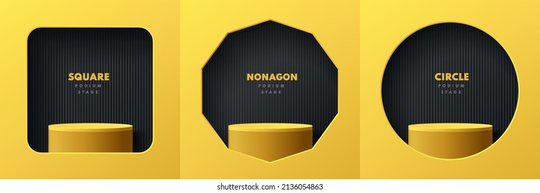 Set of yellow realistic 3d cylinder pedestal podium in square, nonagon and circle black window. Abstract studio room with geometric forms. Minimal scene for products stage showcase, Promotion display.