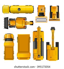 Set of yellow realistic construction machinery  top view isolated vector illustration
