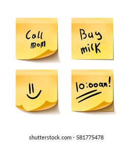 Set of yellow realistic sticky notes with simple short messages on white background