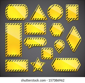 Set of yellow realistic warning signs of different shapes with copyspaces. EPS10 vector.