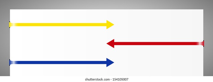Set of yellow, red and blue contrary direction folded arrows / contrary folded arrows / Arrows