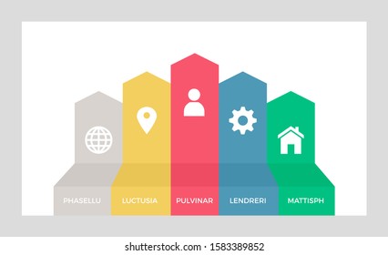 Set of yellow and red, blue, green elements for infographic presentation slides with charts, graphs, steps, timeline, arrows, number options.
