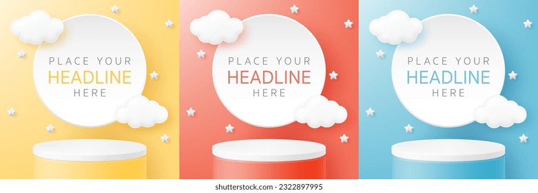 Set of yellow, red and blue realistic 3d cylinder stand podium with little clouds for kid product. Abstract vector geometric forms and minimal wall scene. Stage showcase, Mockup promotion, display.