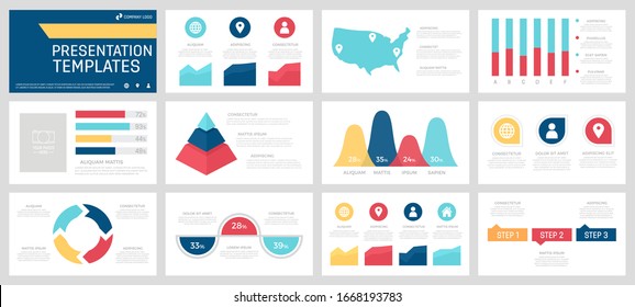 Set of yellow, red, blue and turquoise elements for multipurpose presentation template slides with graphs and charts.