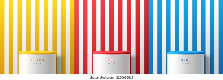 Set of yellow, red, blue, white vertical stripes pattern background with white cylinder stand podium. Minimal wall scene mockup product display. Abstract vector geometric forms. Round stage showcase.