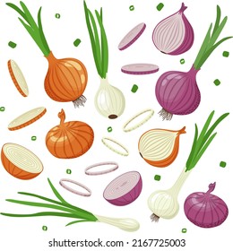 Set of yellow, red and green onion with leaves, halves, slices of onion. Vector illustration in flat style isolated on white background.