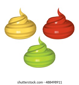 Set of Yellow Red and Green Sauces Isolated on White Background. Mustard Ketchup and Wasabi Collection. Low Poly Vector Illustration. Design for Banner Poster Flyer Postcard Cover and Brochure.