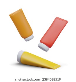Envase con envases amarillos, rojos y naranjas para el cuidado de la piel. Embalaje de plástico para diferentes productos. Ilustración vectorial en estilo 3d realista