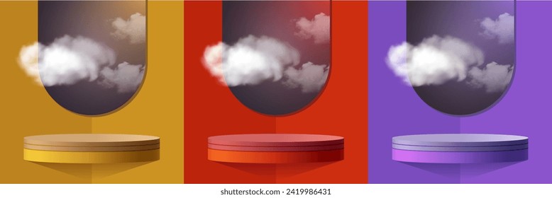 Set of yellow, red, purple and blue realistic 3d floating cylinder podium with sky and cloud background vector. Stage showcase, Award Ceremony and Product display Vector.