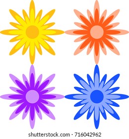 A set of yellow, red, purple. Blue abstract flowers on a white background.