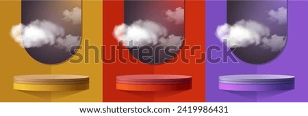 Set of yellow, red, purple and blue realistic 3d floating cylinder podium with sky and cloud background vector. Stage showcase, Award Ceremony and Product display Vector. Foto stock © 