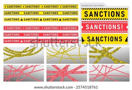 Set of yellow and red ribbons economic, financial, political sanctions imposed. Template international sanctions embargo. Warning seamless ribbon, banner. Vector crossed yellow, red ribbons ban.