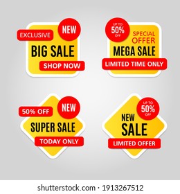 Set of yellow and red sale website stickers on a gray background. Discount tag collection.