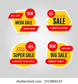 Set of yellow and red sale website stickers on a gray background. Discount tag collection.