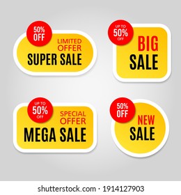 Set Of Yellow And Red Sale Website Stickers On A Gray Background. Discount Tag Collection.