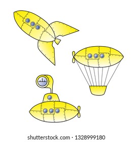 Set of yellow retro cartoon rocket, zeppelin or balloon and submarine as symbols of traveling