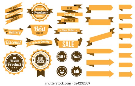 set of yellow ribbons , badges and labels. flat design concept. branding and sale decoration. vector illustration. isolated on white background.