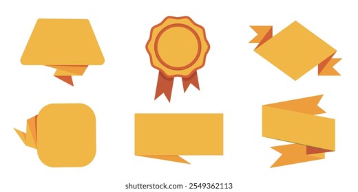 Set of yellow ribbons and badges in various shapes and styles.